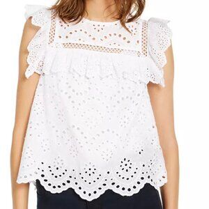 INC International Concepts Eyelet Flutter-Sleeve Top in White Size Large